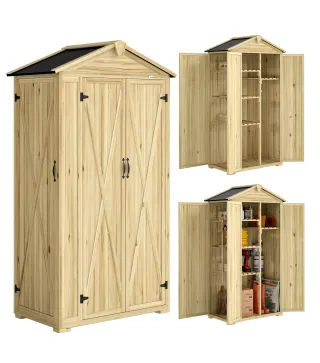 Caseta de Jardín de Madera 93x53x168 cm Armario para Herramientas con 4 Estantes 3 Puertas y Ganchos Madera Natural
