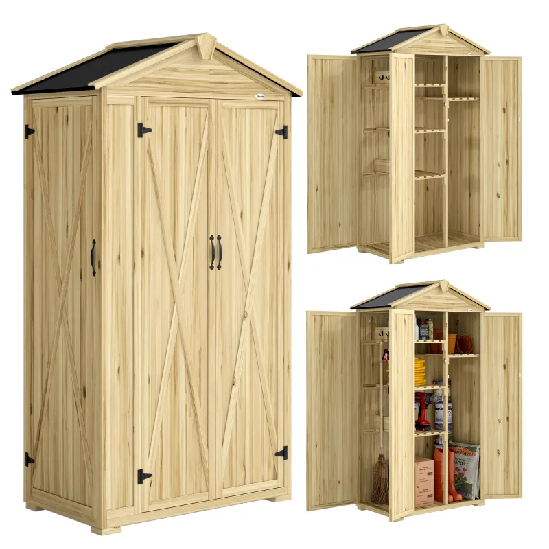 Caseta de Jardín de Madera 93x53x168 cm Armario para Herramientas con 4 Estantes 3 Puertas y Ganchos Madera Natural