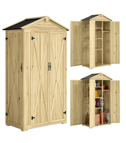 Caseta de Jardín de Madera 93x53x168 cm Armario para Herramientas con 4 Estantes 3 Puertas y Ganchos Madera Natural