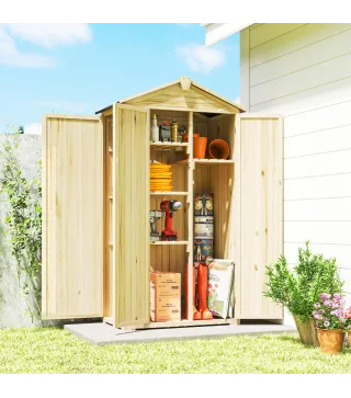 Caseta de Jardín de Madera 93x53x168 cm Armario para Herramientas con 4 Estantes 3 Puertas y Ganchos Madera Natural