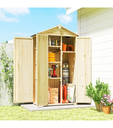 Caseta de Jardín de Madera 93x53x168 cm Armario para Herramientas con 4 Estantes 3 Puertas y Ganchos Madera Natural