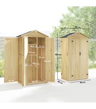 Caseta de Jardín de Madera 93x53x168 cm Armario para Herramientas con 4 Estantes 3 Puertas y Ganchos Madera Natural