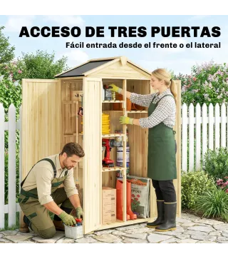 Caseta de Jardín de Madera 93x53x168 cm Armario para Herramientas con 4 Estantes 3 Puertas y Ganchos Madera Natural