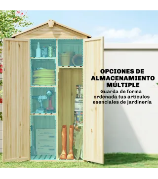 Caseta de Jardín de Madera 93x53x168 cm Armario para Herramientas con 4 Estantes 3 Puertas y Ganchos Madera Natural
