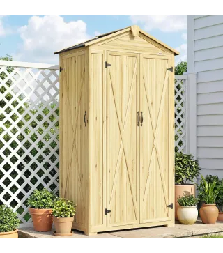 Caseta de Jardín de Madera 93x53x168 cm Armario para Herramientas con 4 Estantes 3 Puertas y Ganchos Madera Natural