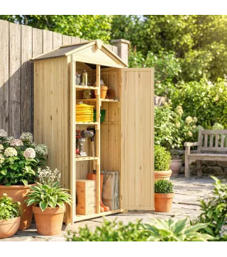 Caseta de Jardín de Madera 93x53x168 cm Armario para Herramientas con 4 Estantes 3 Puertas y Ganchos Madera Natural