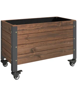 Jardinera Exterior de Madera con Ruedas con Orificio de Drenaje y Tela no Tejida Macetero 60x30x41 cm Marrón Oscuro