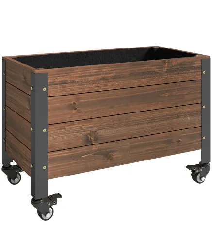 Jardinera Exterior de Madera con Ruedas con Orificio de Drenaje y Tela no Tejida Macetero 60x30x41 cm Marrón Oscuro