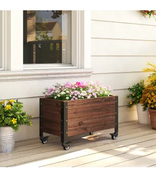 Jardinera Exterior de Madera con Ruedas con Orificio de Drenaje y Tela no Tejida Macetero 60x30x41 cm Marrón Oscuro