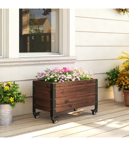 Jardinera Exterior de Madera con Ruedas con Orificio de Drenaje y Tela no Tejida Macetero 60x30x41 cm Marrón Oscuro
