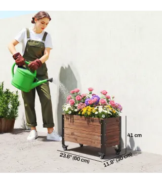 Jardinera Exterior de Madera con Ruedas con Orificio de Drenaje y Tela no Tejida Macetero 60x30x41 cm Marrón Oscuro