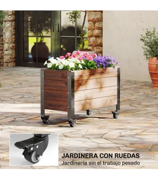 Jardinera Exterior de Madera con Ruedas con Orificio de Drenaje y Tela no Tejida Macetero 60x30x41 cm Marrón Oscuro