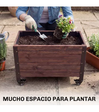 Jardinera Exterior de Madera con Ruedas con Orificio de Drenaje y Tela no Tejida Macetero 60x30x41 cm Marrón Oscuro