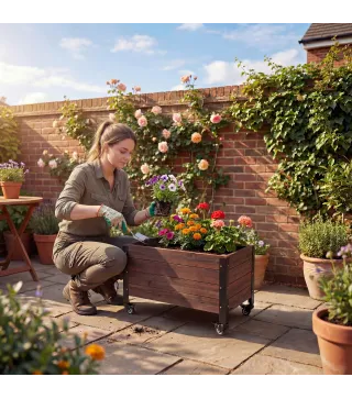Jardinera Exterior de Madera con Ruedas con Orificio de Drenaje y Tela no Tejida Macetero 60x30x41 cm Marrón Oscuro