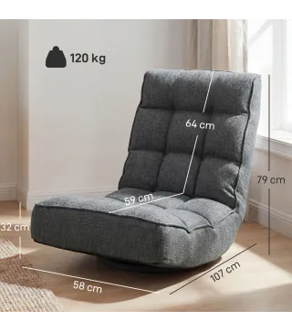 Silla de Suelo Plegable Silla de Lectura Giratoria 360° con Respaldo Ajustable en 5 Posiciones 58x107x79 cm Gris