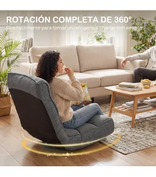 Silla de Suelo Plegable Silla de Lectura Giratoria 360° con Respaldo Ajustable en 5 Posiciones 58x107x79 cm Gris