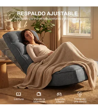 Silla de Suelo Plegable Silla de Lectura Giratoria 360° con Respaldo Ajustable en 5 Posiciones 58x107x79 cm Gris