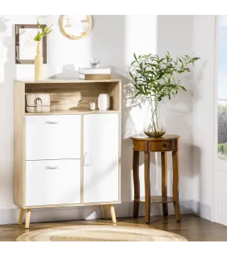 Mueble Zapatero para 8 Pares de Calzado con 2 Cajones Abatibles Armario y Balda 80x25,5x112,5 cm Natural y Blanco