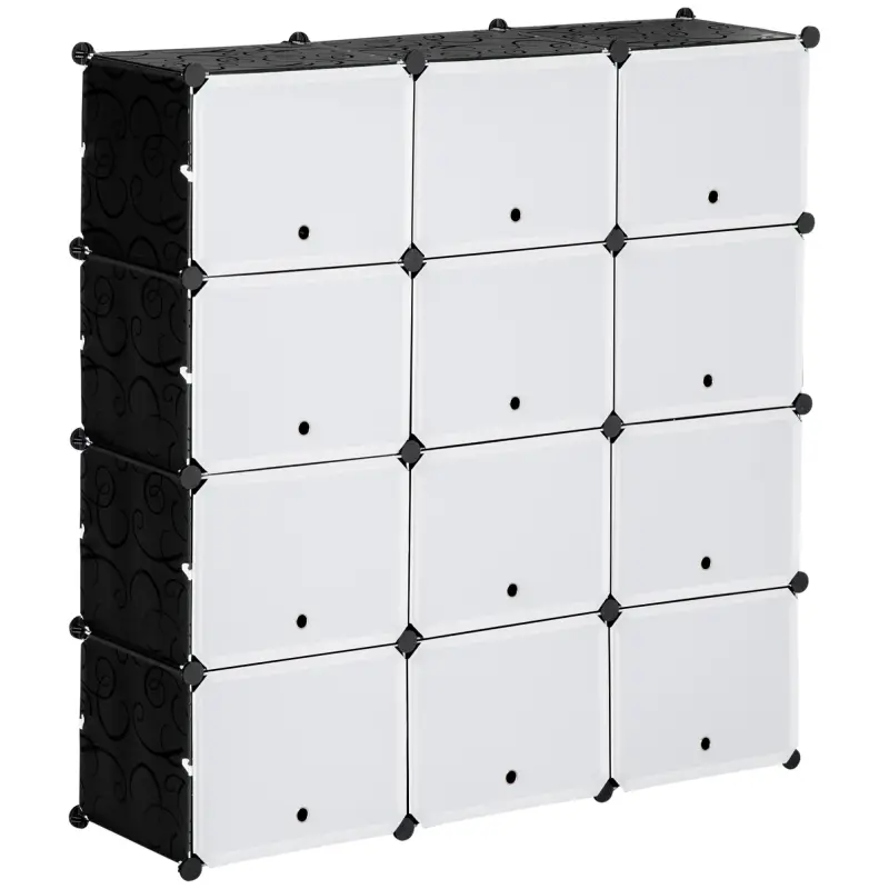 Armario Modular de Plástico Armario Portátil con 12 Cubos Organizador de Zapatos 125x32x125 cm Negro y Blanco
