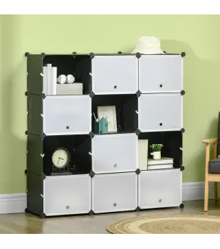 Armario Modular de Plastico Armario Portatil con 12 Cubos Organizador de Zapatos 125x32x125 cm Negro y Blanco