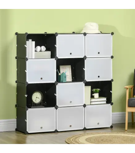 Armario Modular de Plastico Armario Portatil con 12 Cubos Organizador de Zapatos 125x32x125 cm Negro y Blanco