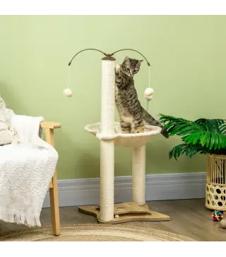 Árbol Rascador para Gatos con Hamaca Postes de Sisal Bolas Colgantes y Múltiples Juegos 53,5x53,5x90 cm Beige