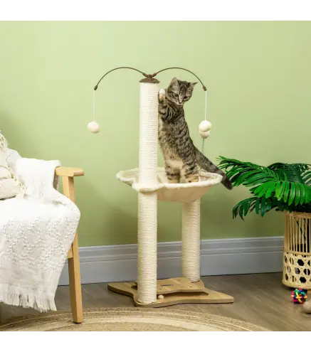 Árbol Rascador para Gatos con Hamaca Postes de Sisal Bolas Colgantes y Múltiples Juegos 53,5x53,5x90 cm Beige