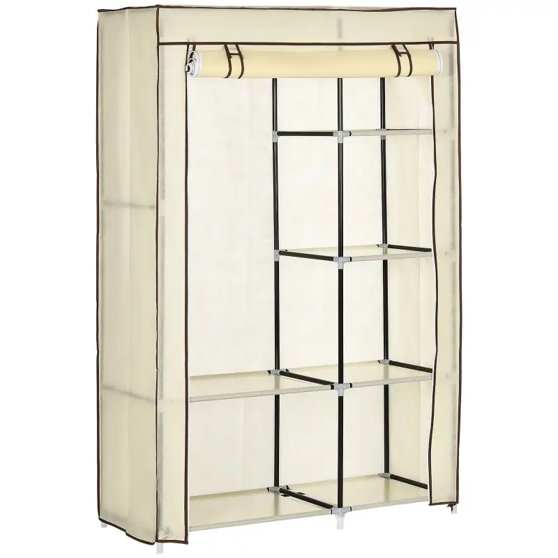 Armario de Tela Plegable Ropero Portátil con 6 Estantes y 1 Barra de Colgar para Dormitorio 103x43x162,5cm Crema