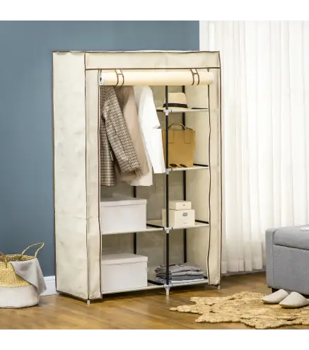 Armario de Tela Plegable Ropero Portátil con 6 Estantes y 1 Barra de Colgar para Dormitorio 103x43x162,5cm Crema