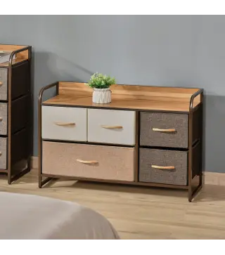 Cómoda para Dormitorio con 5 Cajones Plegables Parte Superior de Madera y Marco Metálico 87,5x29x58 cm Multicolor