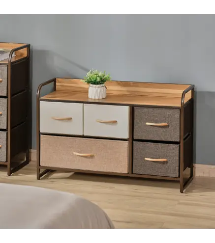 Cómoda para Dormitorio con 5 Cajones Plegables Parte Superior de Madera y Marco Metálico 87,5x29x58 cm Multicolor