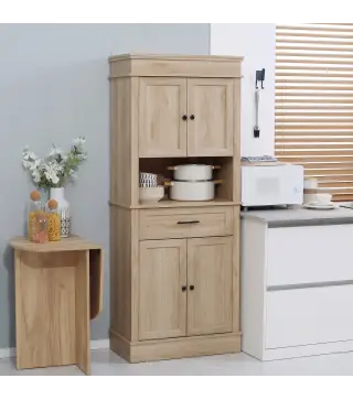 Alacena de Cocina con 4 Puertas 1 Cajón y Estante Abierto Mueble Auxiliar para Microondas 74x39,5x183 cm Roble
