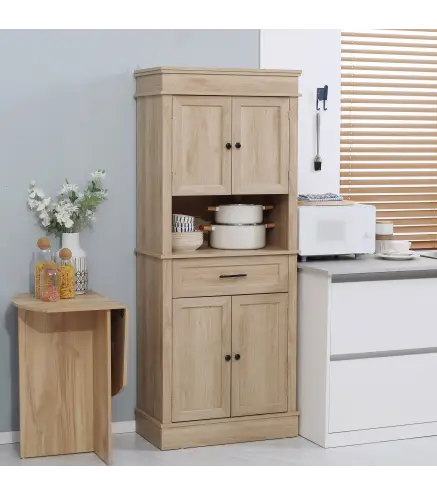 Alacena de Cocina con 4 Puertas 1 Cajón y Estante Abierto Mueble Auxiliar para Microondas 74x39,5x183 cm Roble