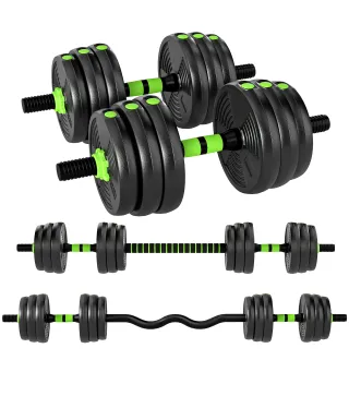 Juego de Mancuernas Ajustables 20 kg 3 en 1 con Barras de Conexión y Mangos Antideslizantes para Gimnasio en Casa Verde