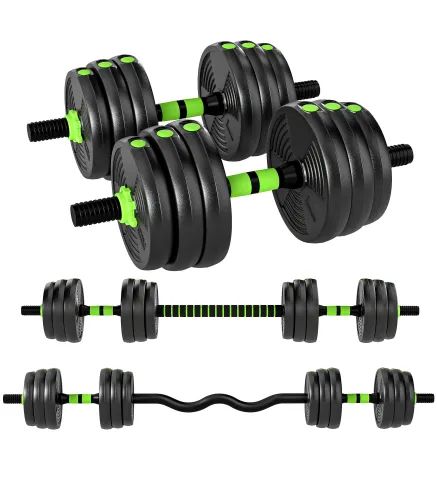 Juego de Mancuernas Ajustables 20 kg 3 en 1 con Barras de Conexión y Mangos Antideslizantes para Gimnasio en Casa Verde