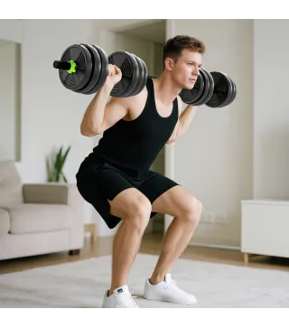 Juego de Mancuernas Ajustables 20 kg 3 en 1 con Barras de Conexión y Mangos Antideslizantes para Gimnasio en Casa Verde