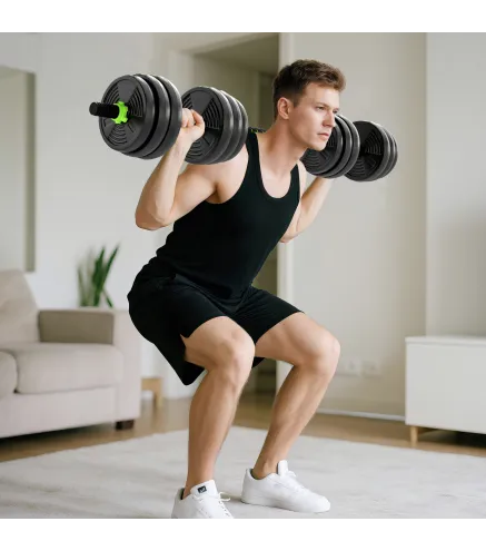 Juego de Mancuernas Ajustables 20 kg 3 en 1 con Barras de Conexión y Mangos Antideslizantes para Gimnasio en Casa Verde