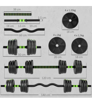 Juego de Mancuernas Ajustables 20 kg 3 en 1 con Barras de Conexión y Mangos Antideslizantes para Gimnasio en Casa Verde