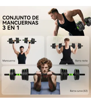 Juego de Mancuernas Ajustables 20 kg 3 en 1 con Barras de Conexión y Mangos Antideslizantes para Gimnasio en Casa Verde