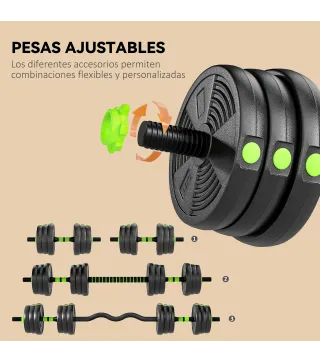 Juego de Mancuernas Ajustables 20 kg 3 en 1 con Barras de Conexión y Mangos Antideslizantes para Gimnasio en Casa Verde