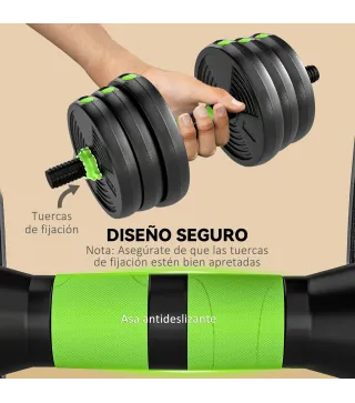Juego de Mancuernas Ajustables 20 kg 3 en 1 con Barras de Conexión y Mangos Antideslizantes para Gimnasio en Casa Verde