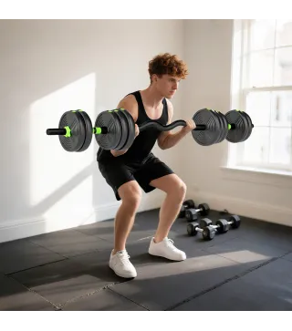 Juego de Mancuernas Ajustables 20 kg 3 en 1 con Barras de Conexión y Mangos Antideslizantes para Gimnasio en Casa Verde