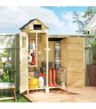 Caseta de Jardín de Madera Armario para Herramientas con Estantes Desmontables y Puertas 106x57x167 cm Madera Natural