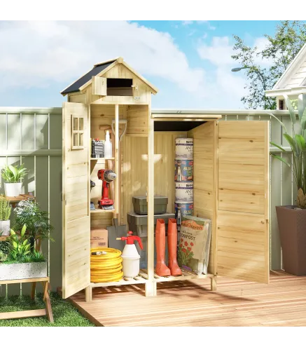 Caseta de Jardín de Madera Armario para Herramientas con Estantes Desmontables y Puertas 106x57x167 cm Madera Natural