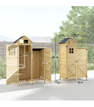 Caseta de Jardín de Madera Armario para Herramientas con Estantes Desmontables y Puertas 106x57x167 cm Madera Natural