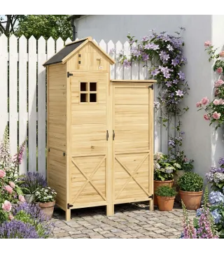 Caseta de Jardín de Madera Armario para Herramientas con Estantes Desmontables y Puertas 106x57x167 cm Madera Natural