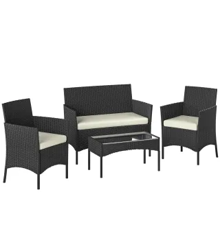 Conjunto Muebles Jardín de Ratán Sintético con Sofá Sillones y Mesa de Vidrio Templado y Cojines Negro y Crema