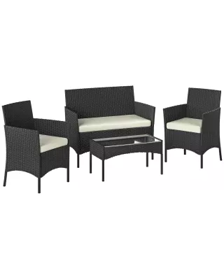 Conjunto Muebles Jardín de Ratán Sintético con Sofá Sillones y Mesa de Vidrio Templado y Cojines Negro y Crema