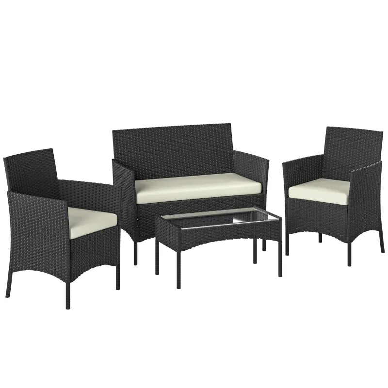 Conjunto Muebles Jardín de Ratán Sintético con Sofá Sillones y Mesa de Vidrio Templado y Cojines Negro y Crema