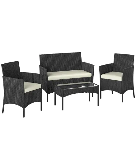 Conjunto Muebles Jardín de Ratán Sintético con Sofá Sillones y Mesa de Vidrio Templado y Cojines Negro y Crema